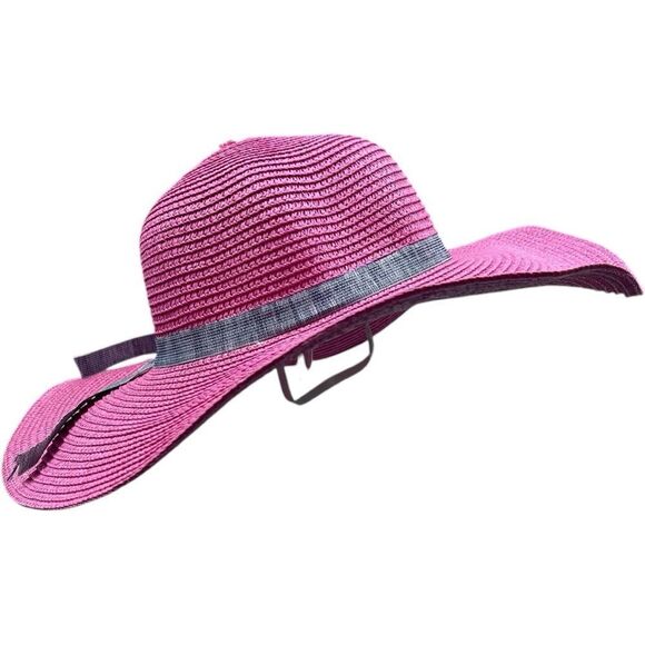 Pink Wide Brim with Blue Ribbon Straw Sun Hat - Picture 1 of 8